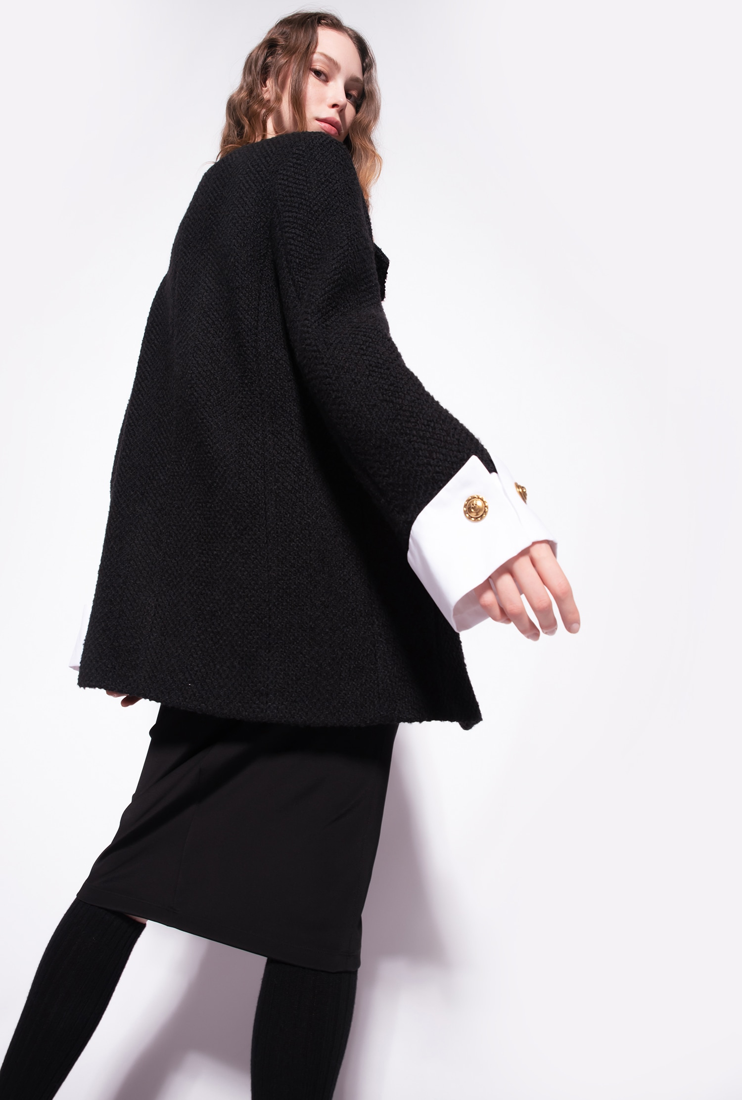 Bouclé pea coat with cuffs