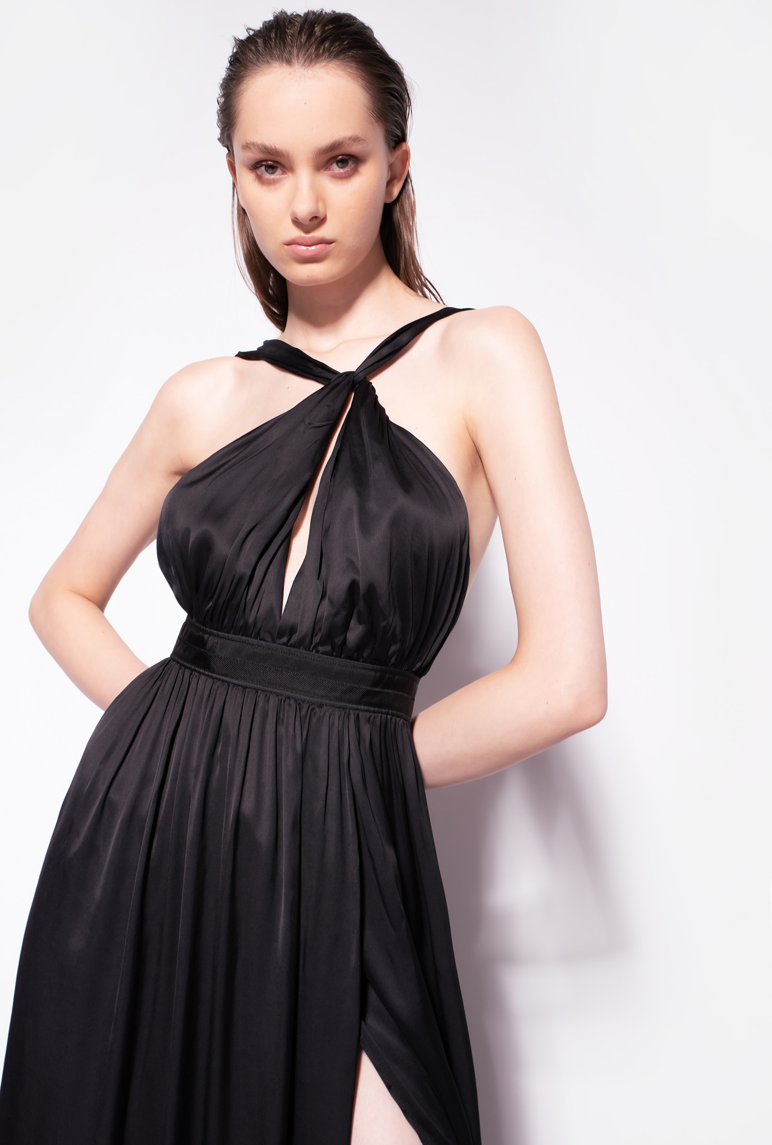 Long, one-shoulder satin dress