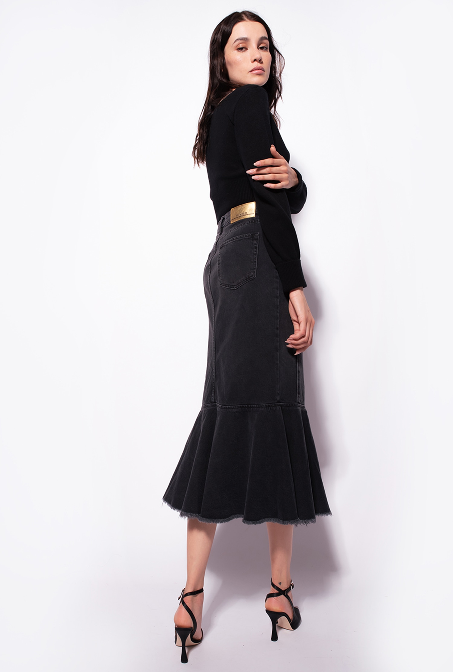 Black denim midi skirt