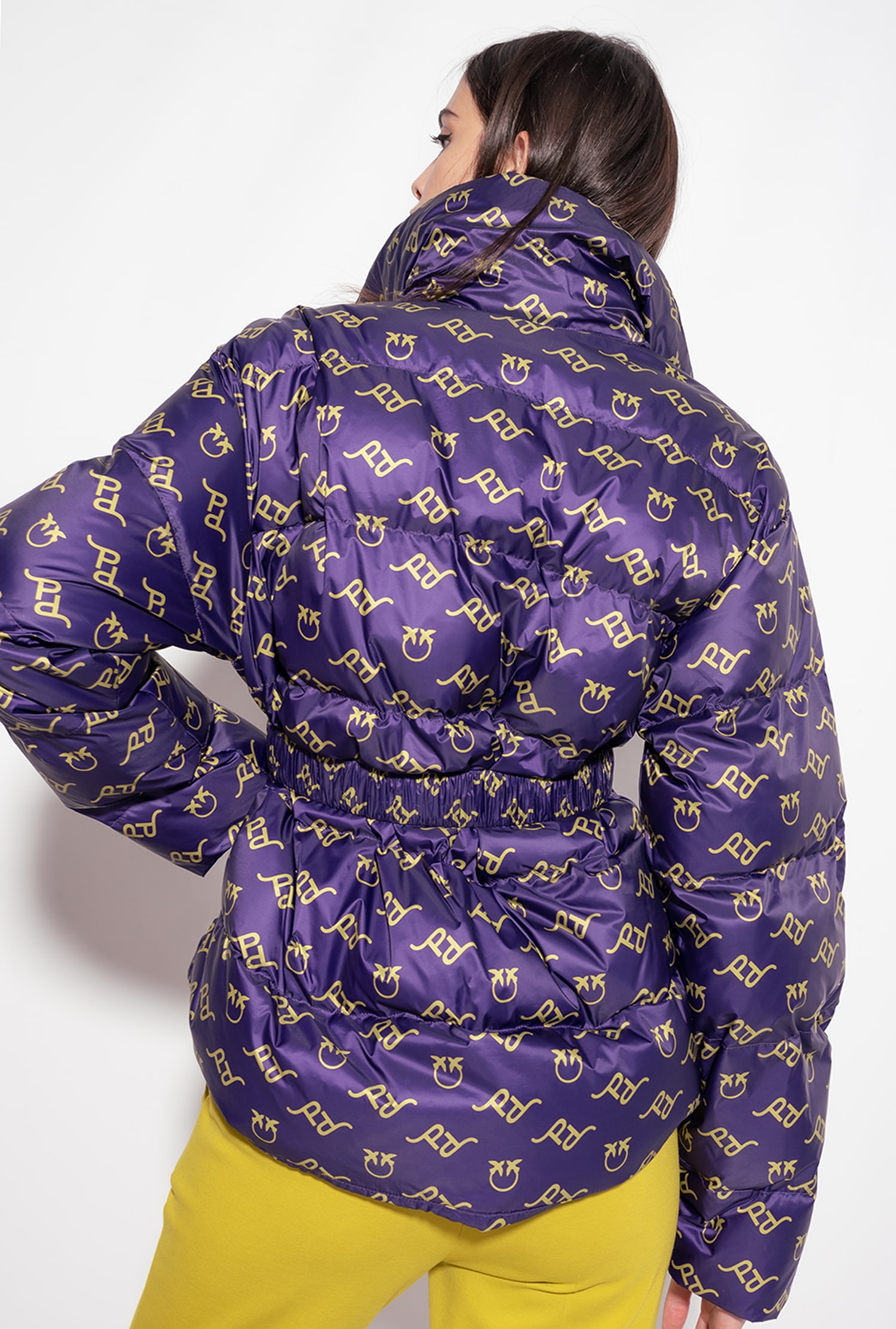 Logo print down jacket with belt