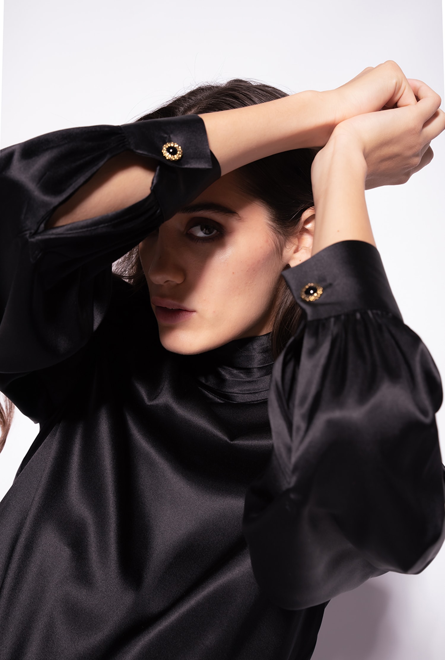 Stretch satin turtleneck blouse