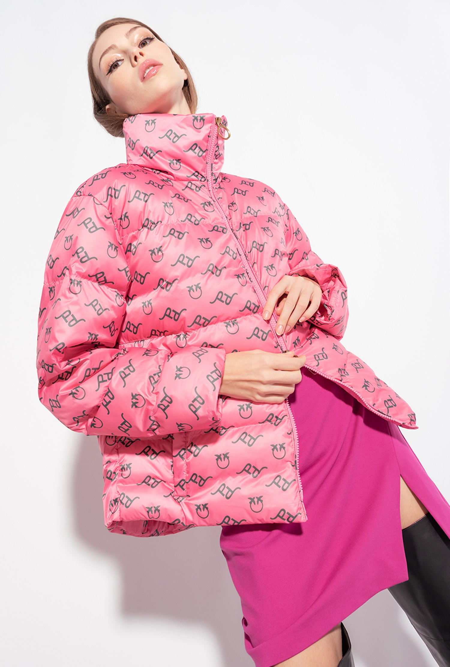 Logo print down jacket with belt