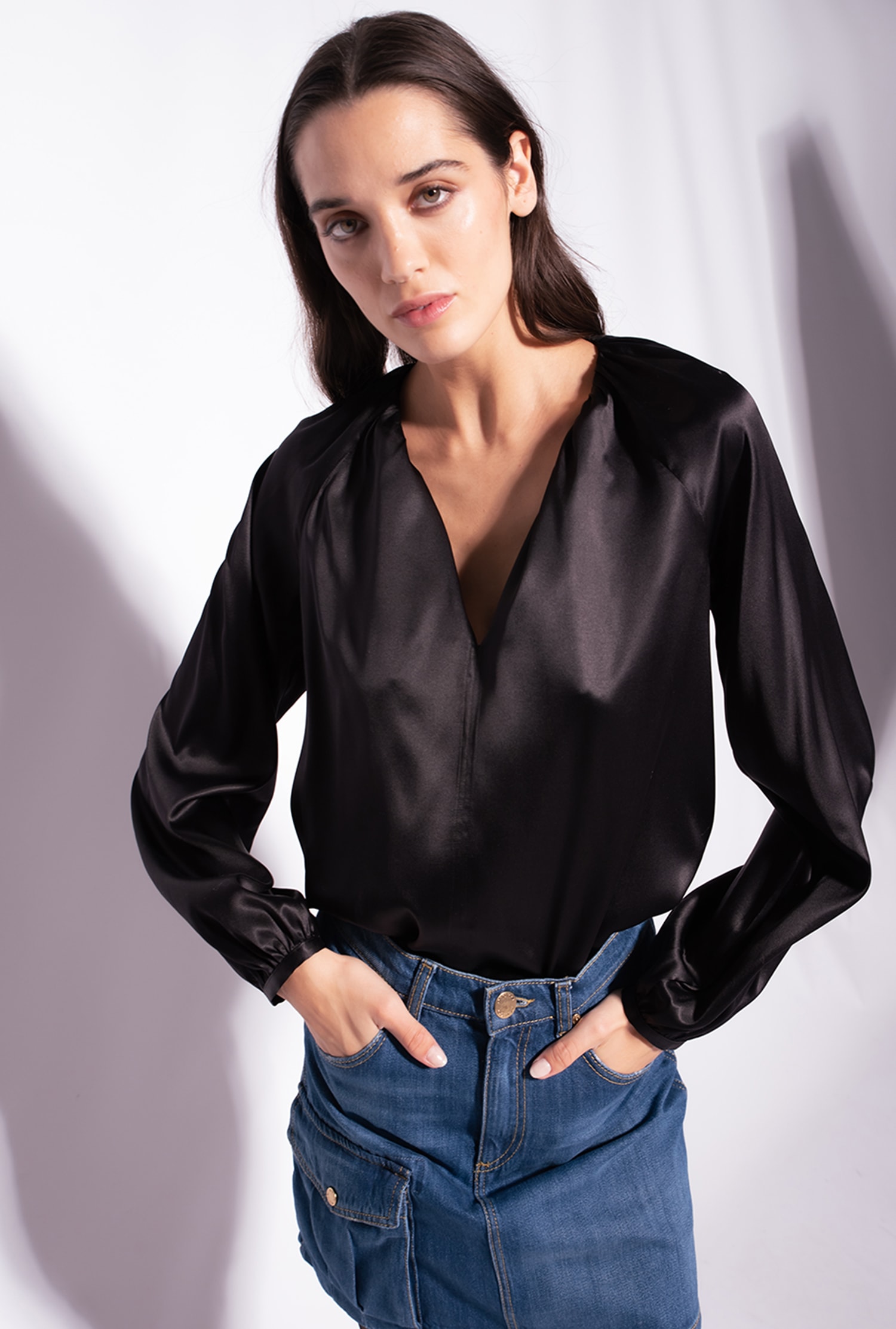 Long-sleeved stretch satin blouse