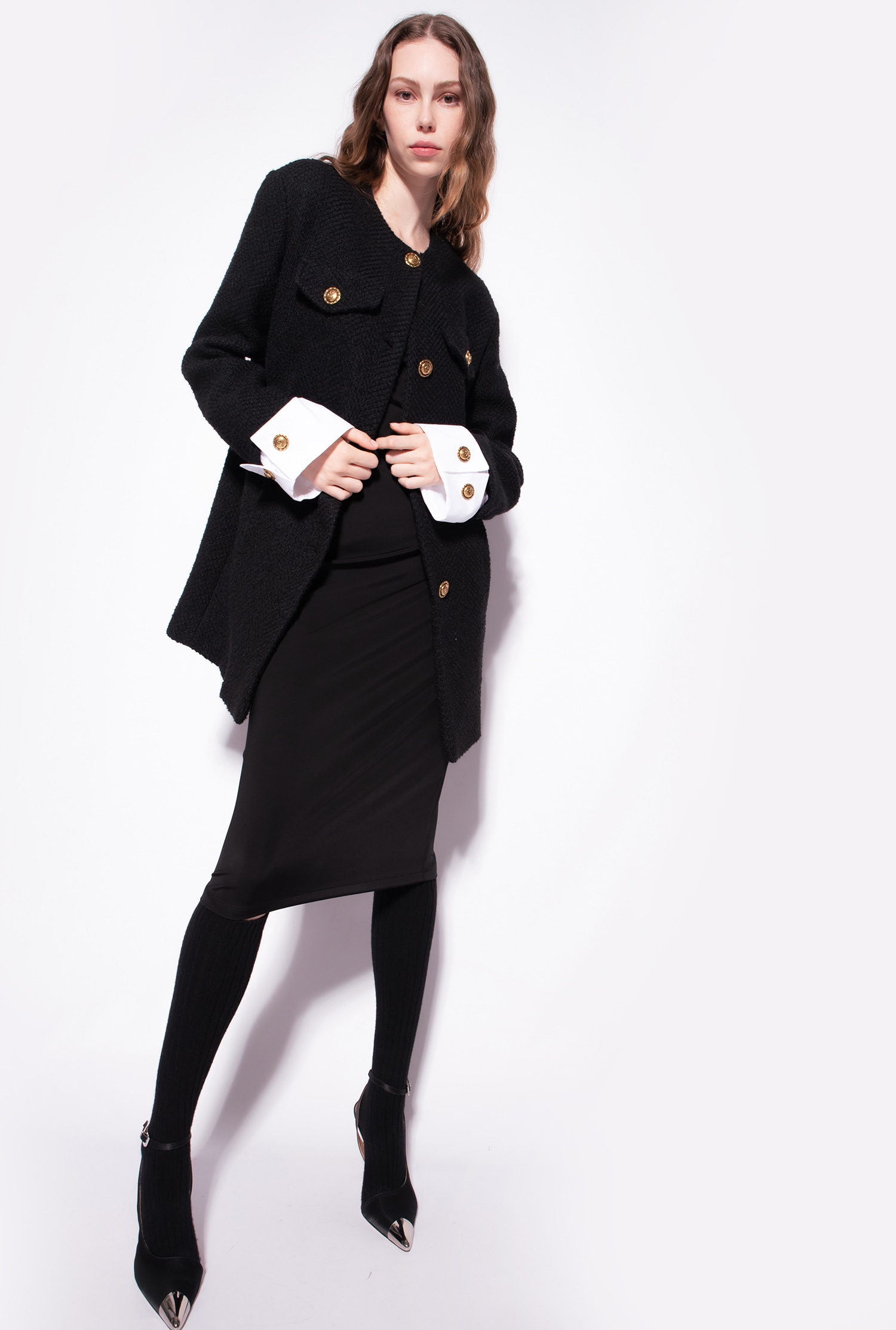 Bouclé pea coat with cuffs