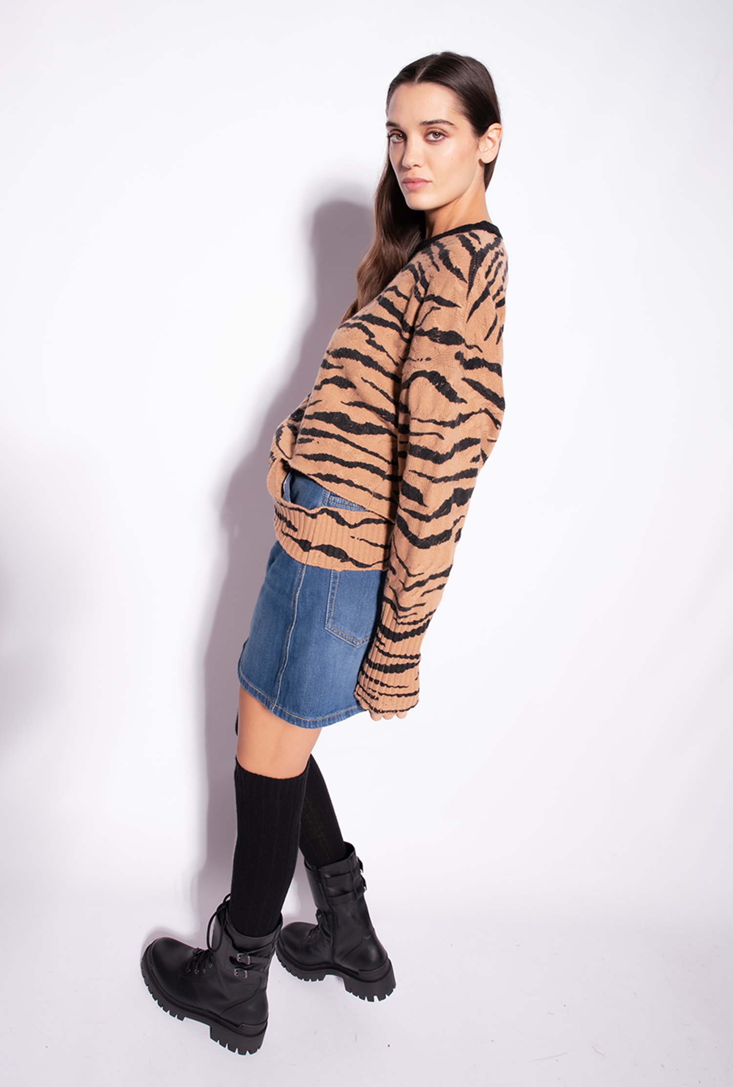 Cargo-style denim mini skirt