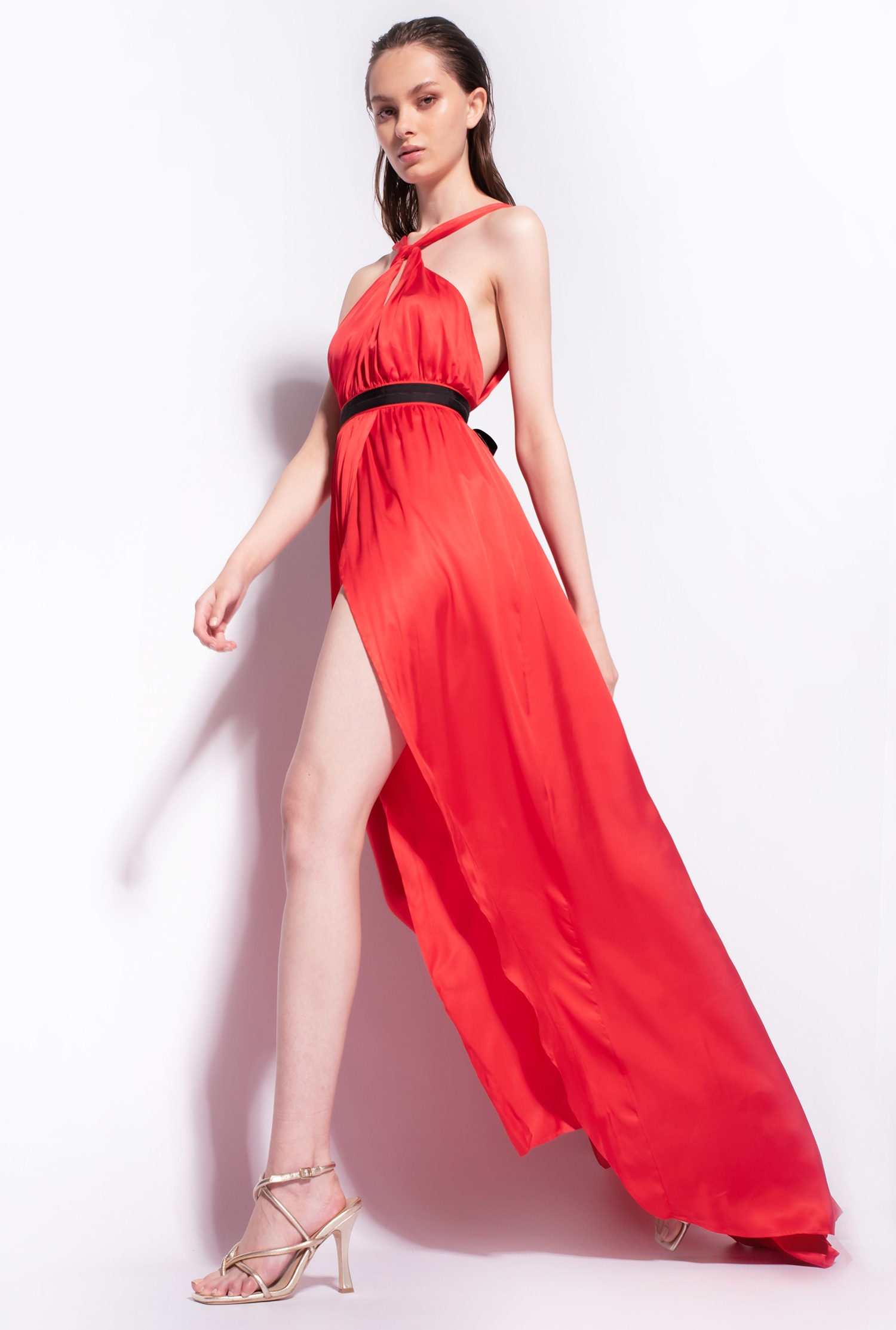 Long, one-shoulder satin dress