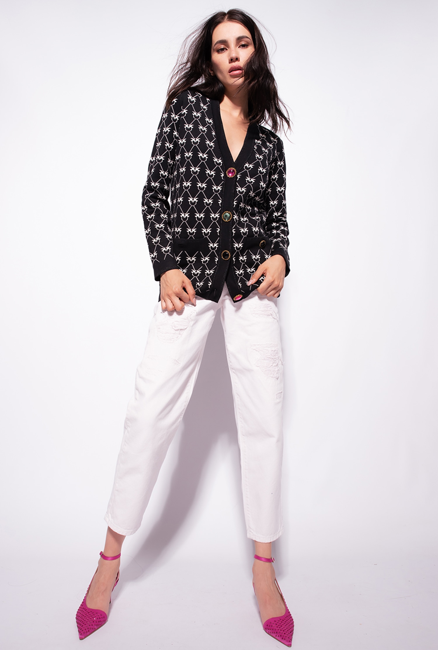 Monogram cardigan with jewel buttons