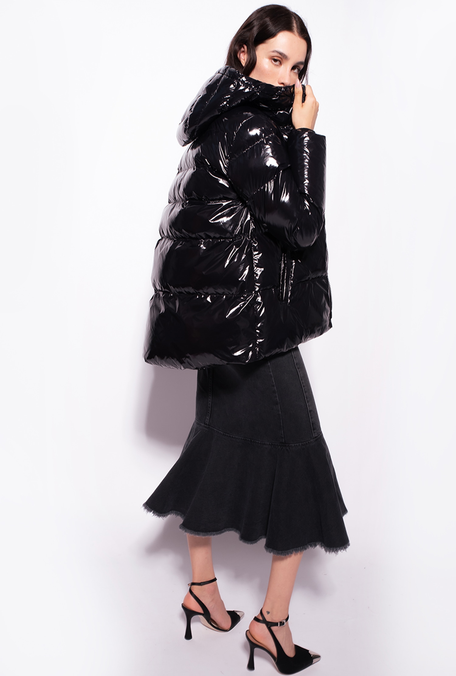 Black denim midi skirt