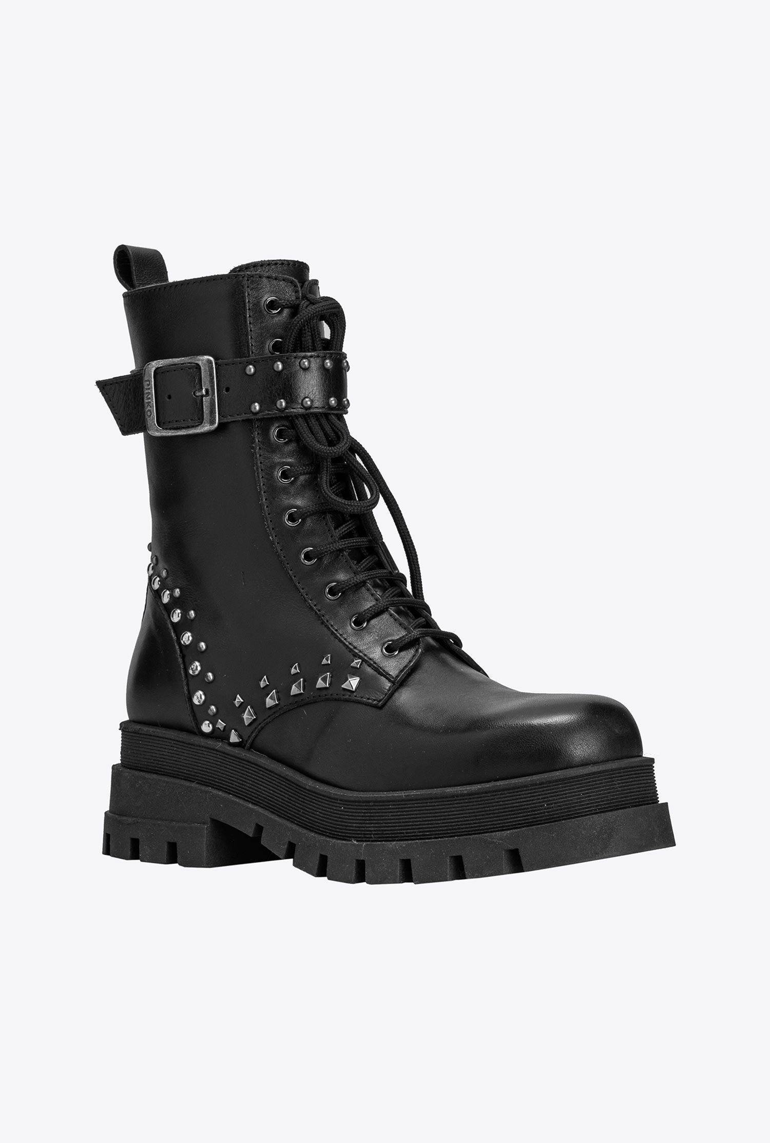 Leather combat boots with strap and studs