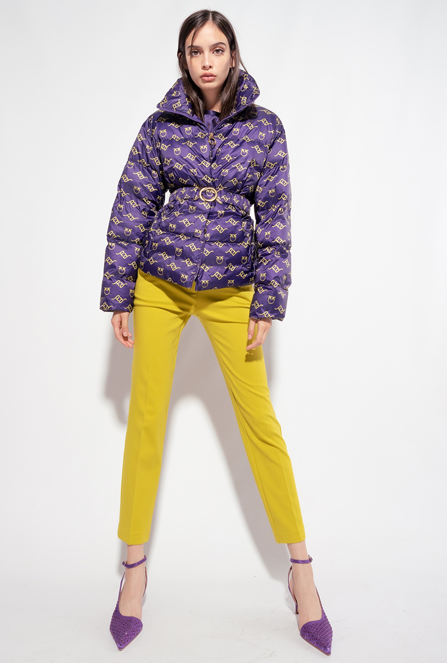 Logo print down jacket with belt