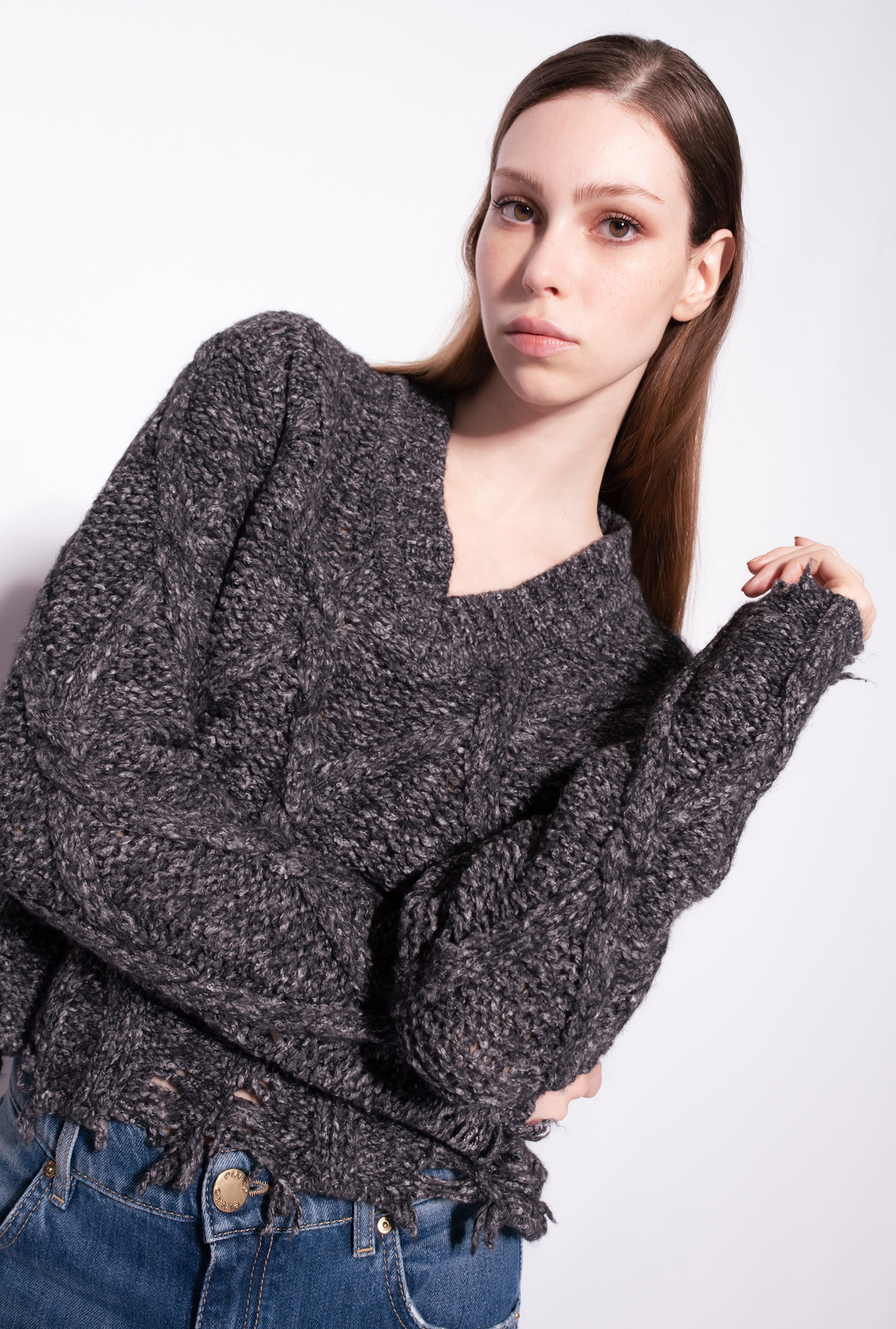 Used-look pullover with maxi-diamond knit
