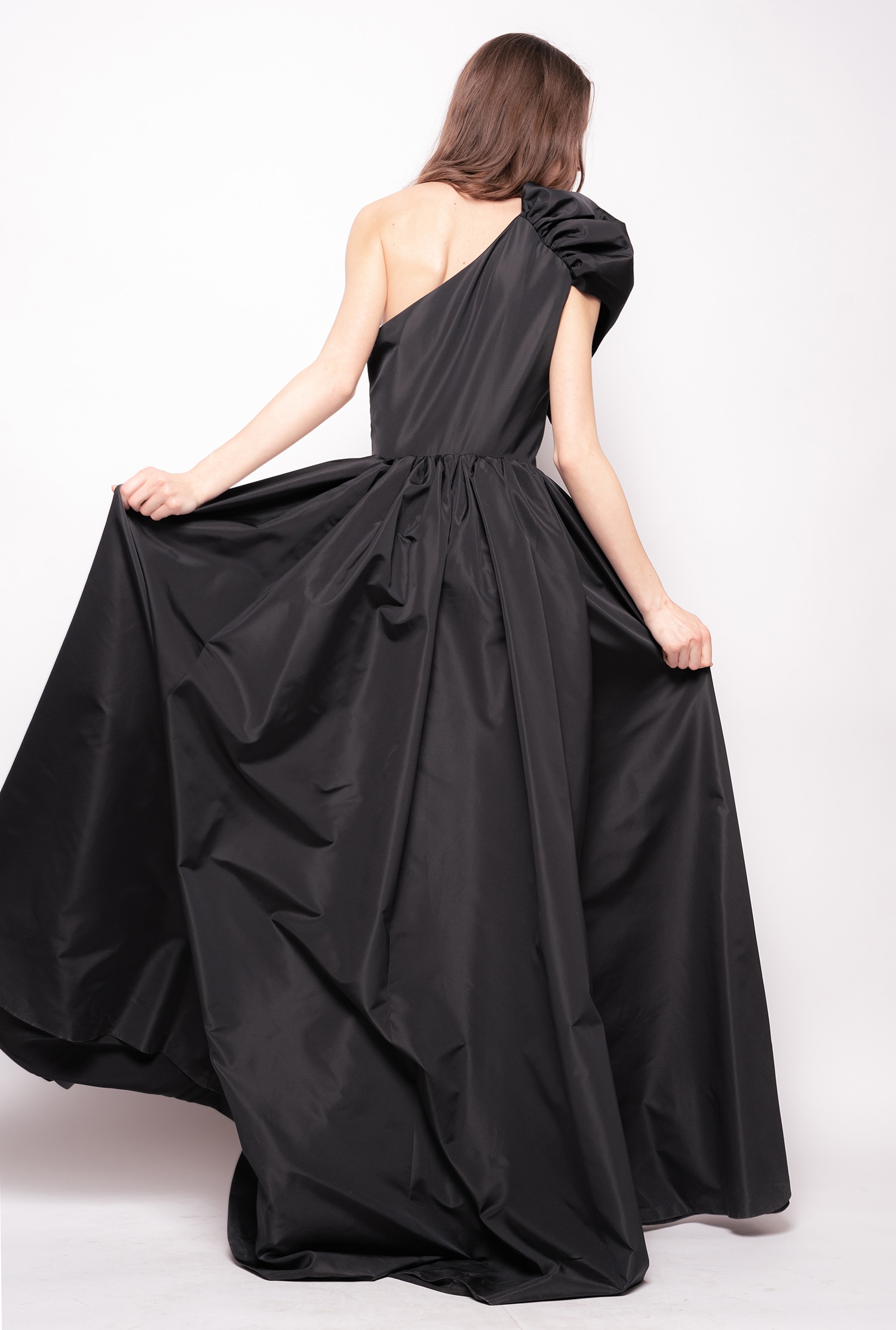 Long one-shoulder taffeta dress