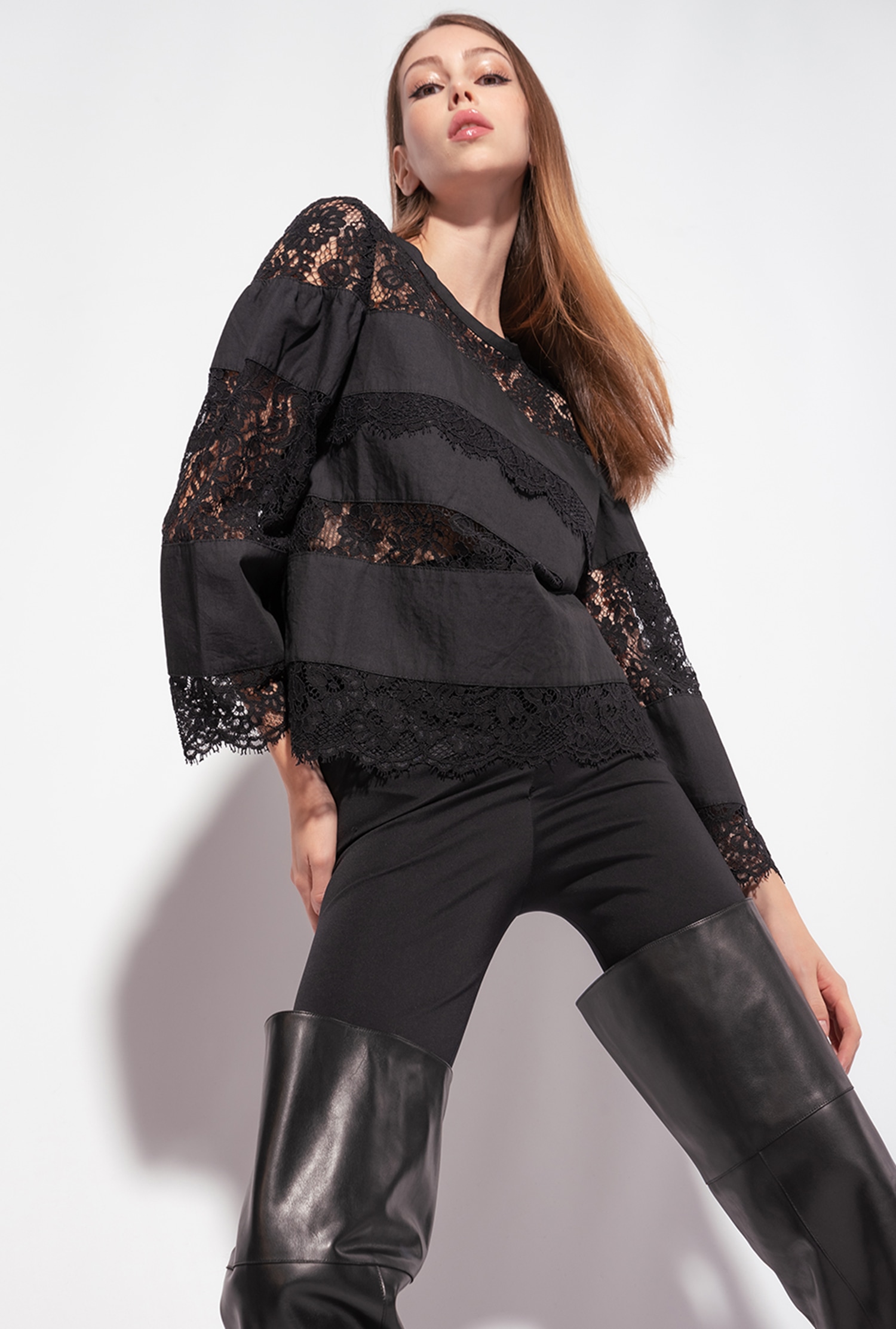 Black denim and lace blouse
