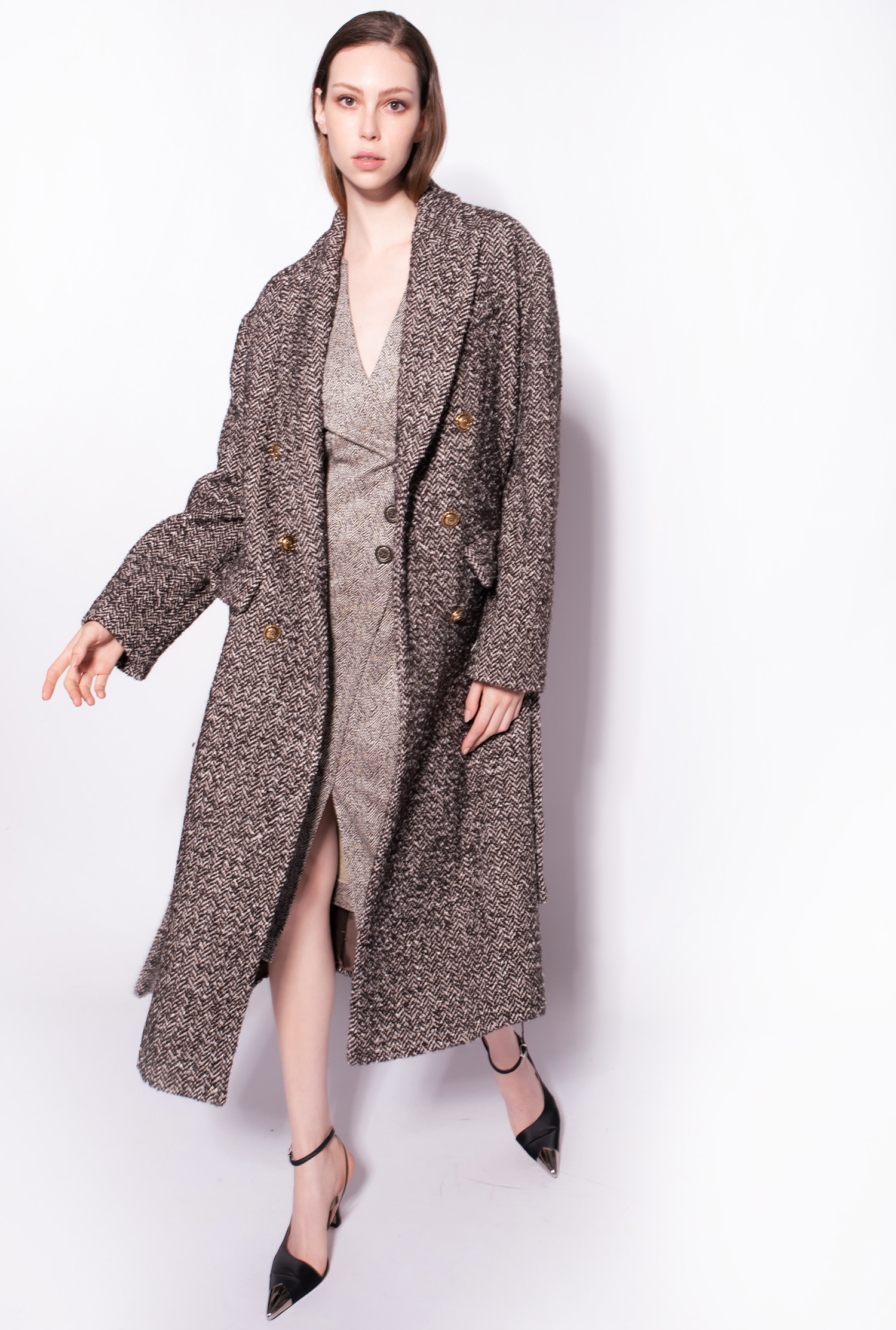 Herringbone double-breasted coat