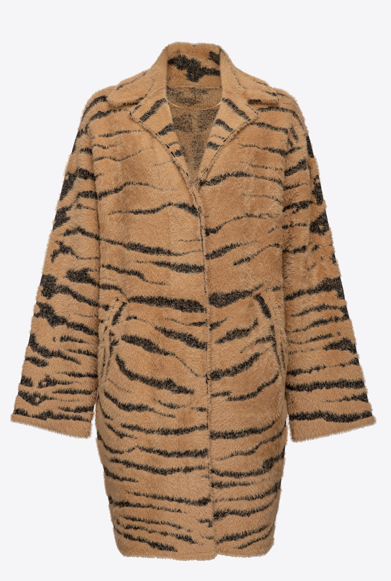 Faux fur cocoon coat with tiger print