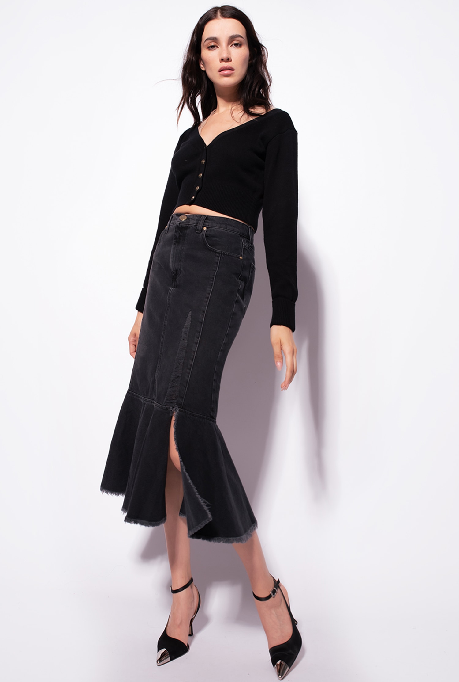 Black denim midi skirt