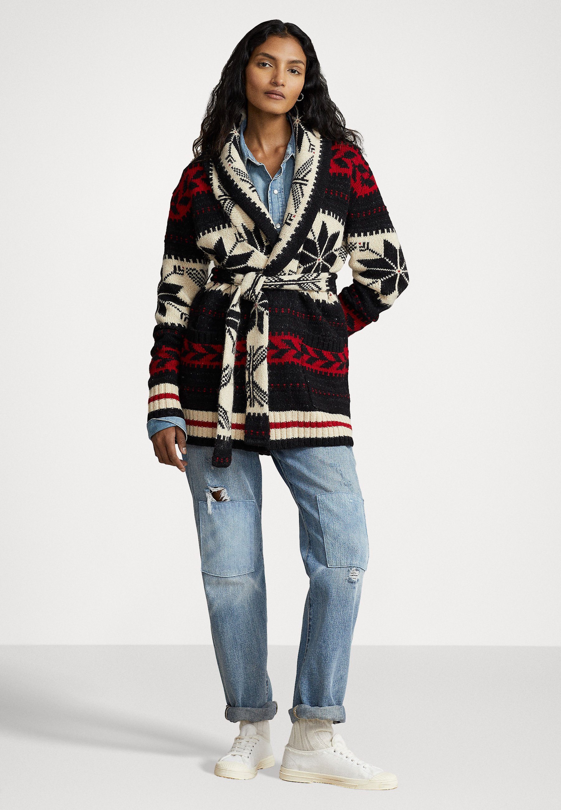Polo Ralph Lauren LONG SLEEVE CARDIGAN - Cardigan - black/red multi/black