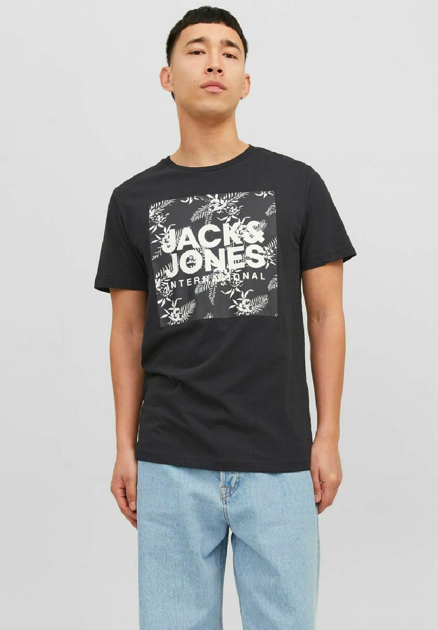 Jack &Jones LOKY  SS CREW NECK - Print T-shirt - black/mottled black