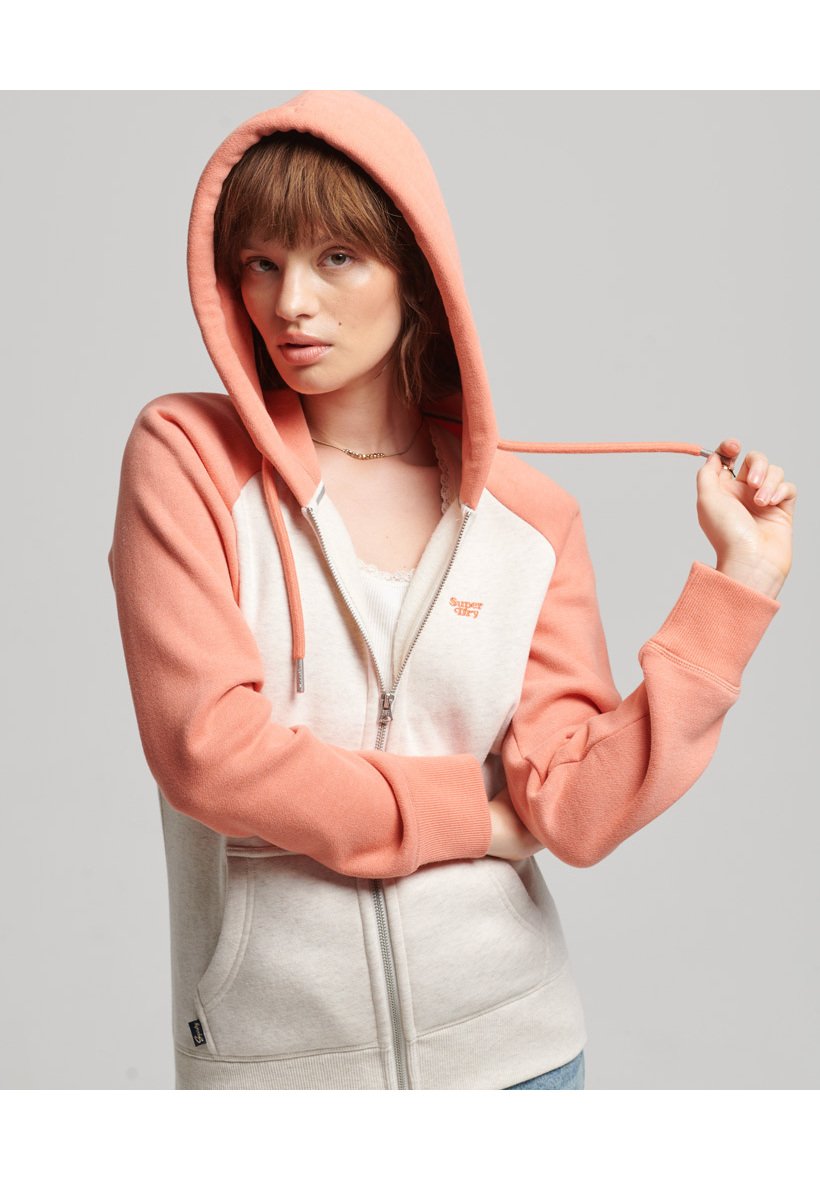 Superdry VINTAGE LOGO EMBROIDERED BASEBALL - Zip-up sweatshirt - light oatmeal marl hype fire coral marl/coral