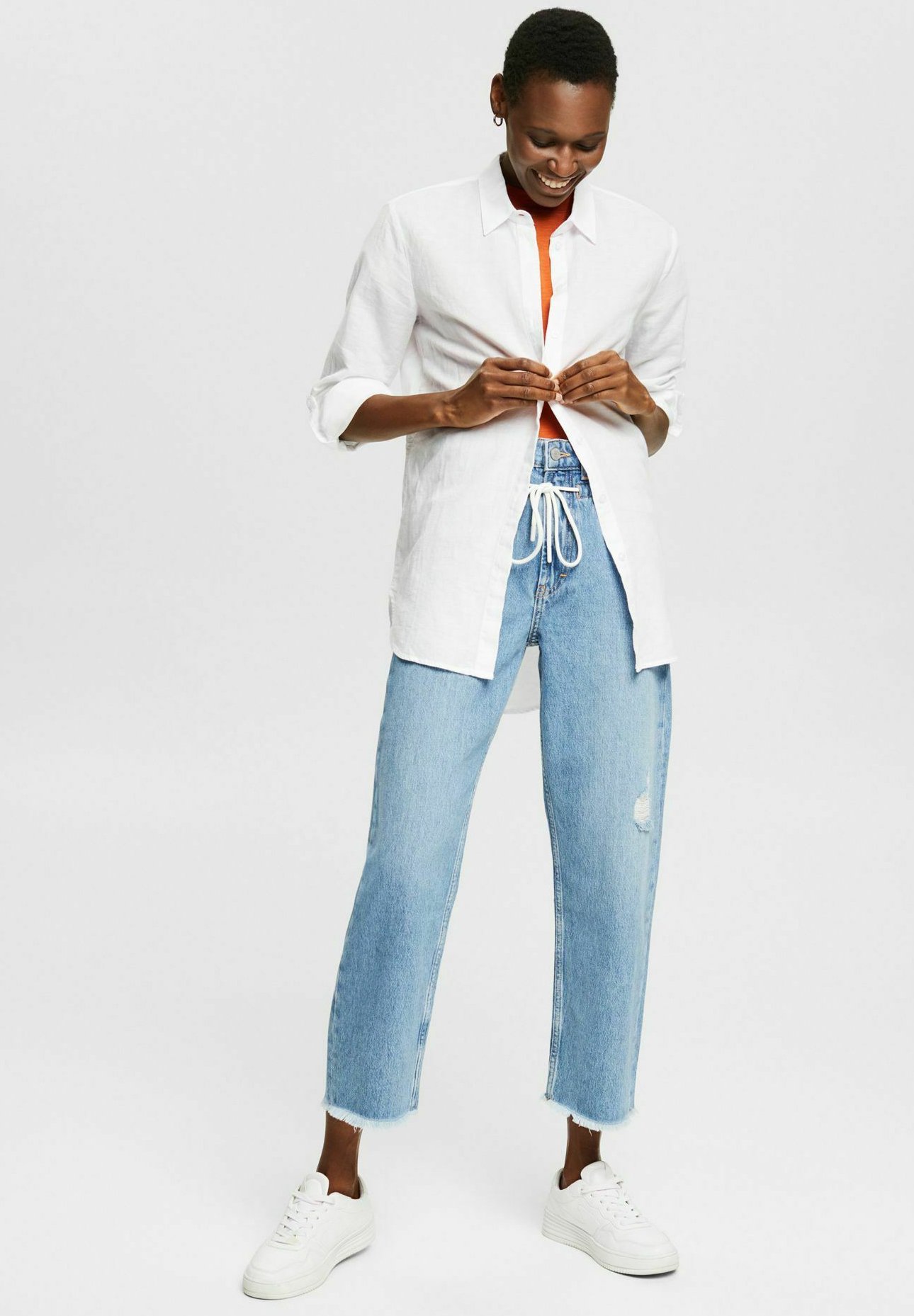Esprit MIT KORDELZUG - Straight leg jeans - blue medium washed/metallic blue