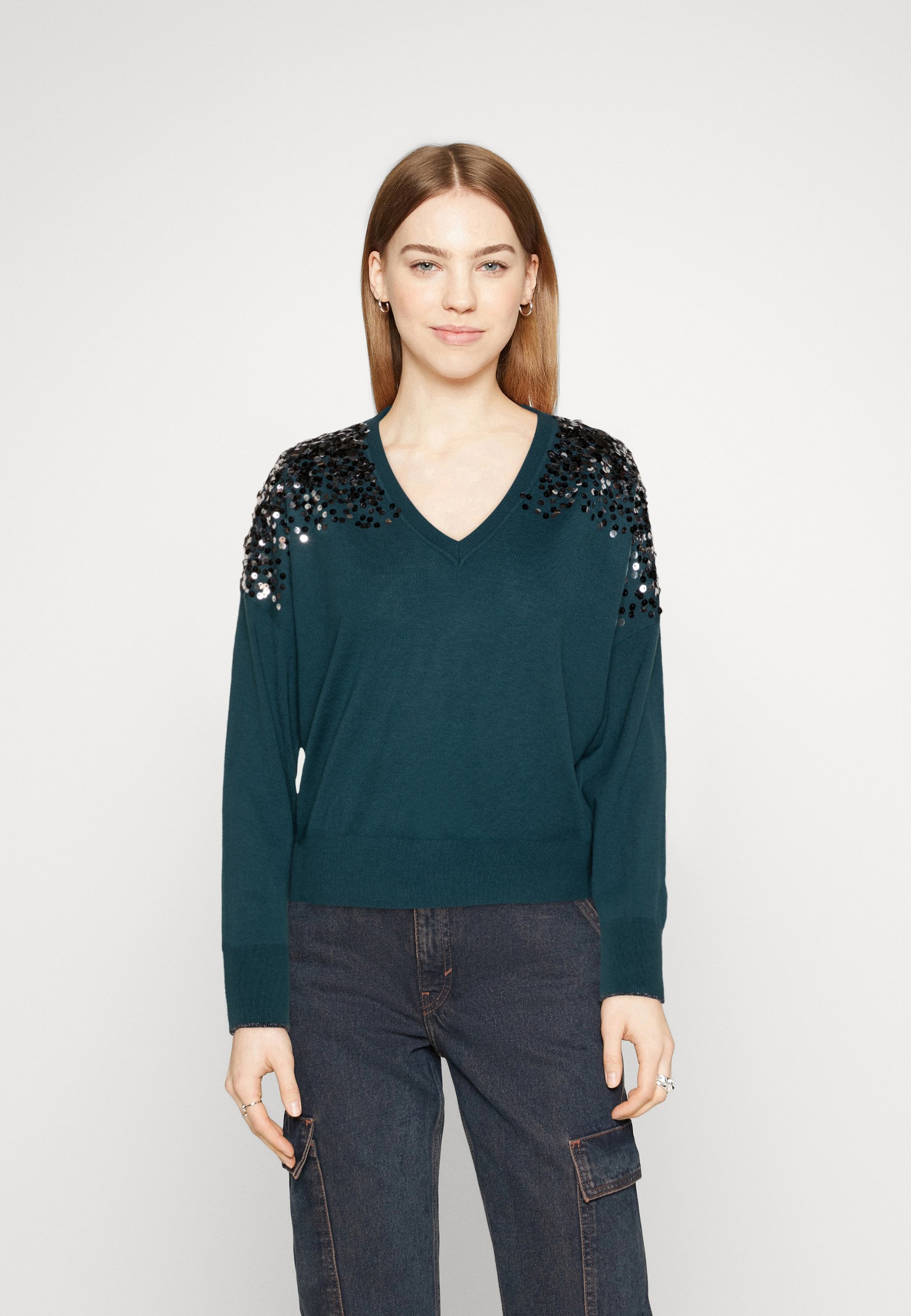 Scotch & Soda EMBELLISHED SHOULDER V NECK - Jumper - dark teal/anthracite