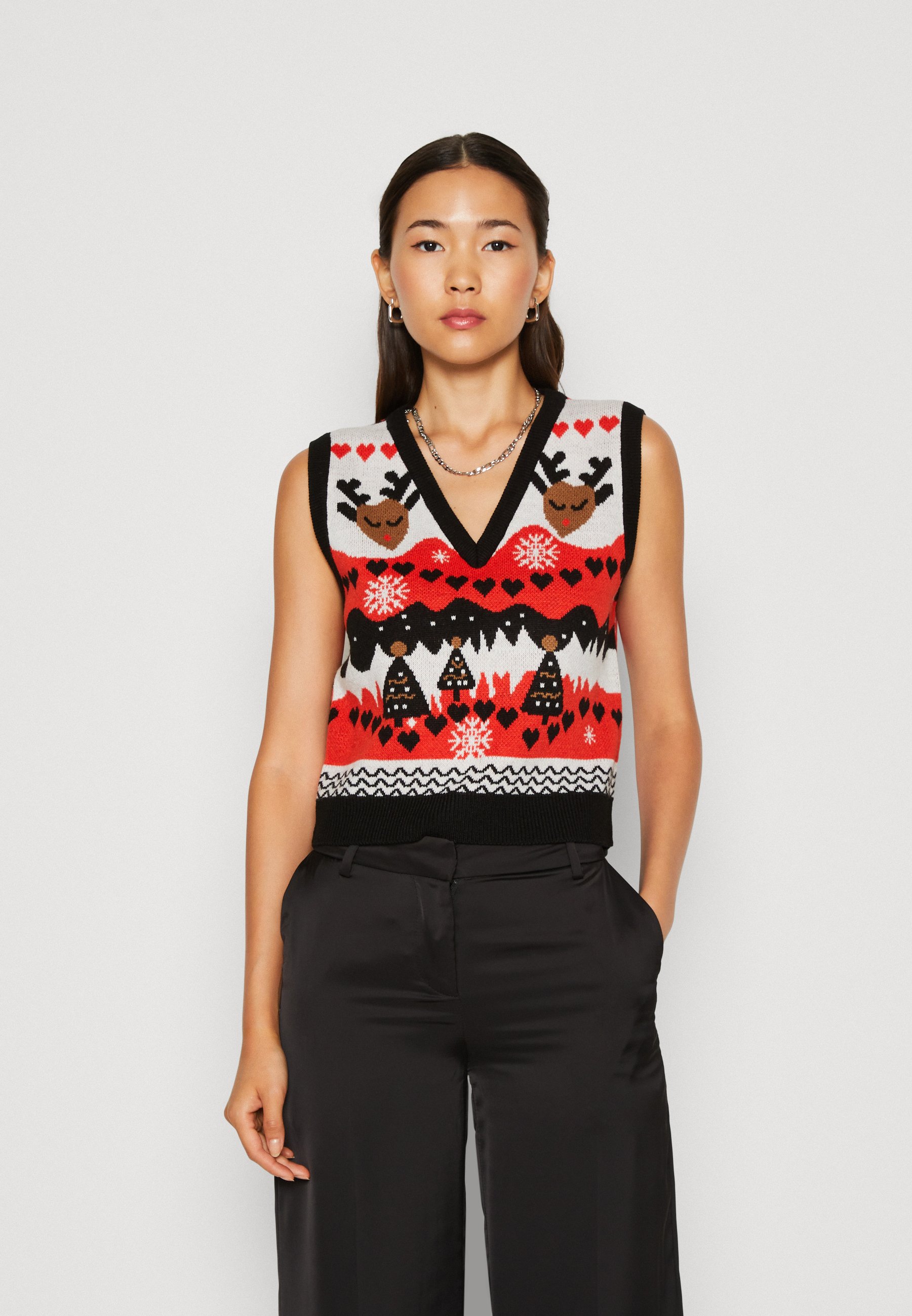 ONLY ONLXMAS HEART V NECK VEST - Jumper - black/poppy red/green bee/black