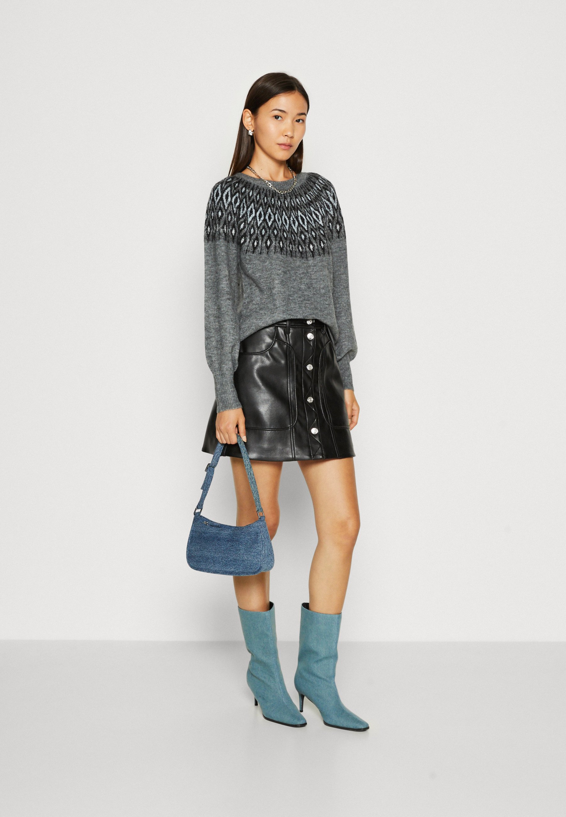 ONLY ONLALINA O NECK - Jumper - medium grey melange/black/silver/mottled grey