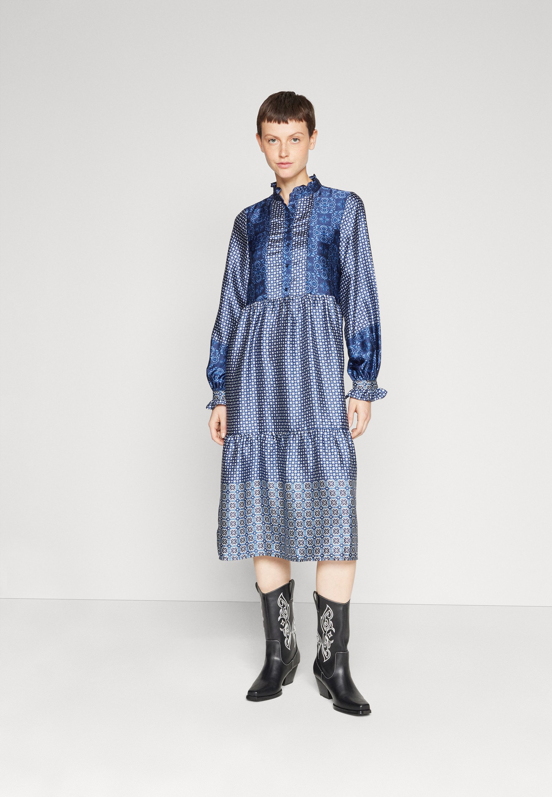 Vero Moda VMLEVI NEW CALF DRESS  - Shirt dress - snow white/dark blue palma/white