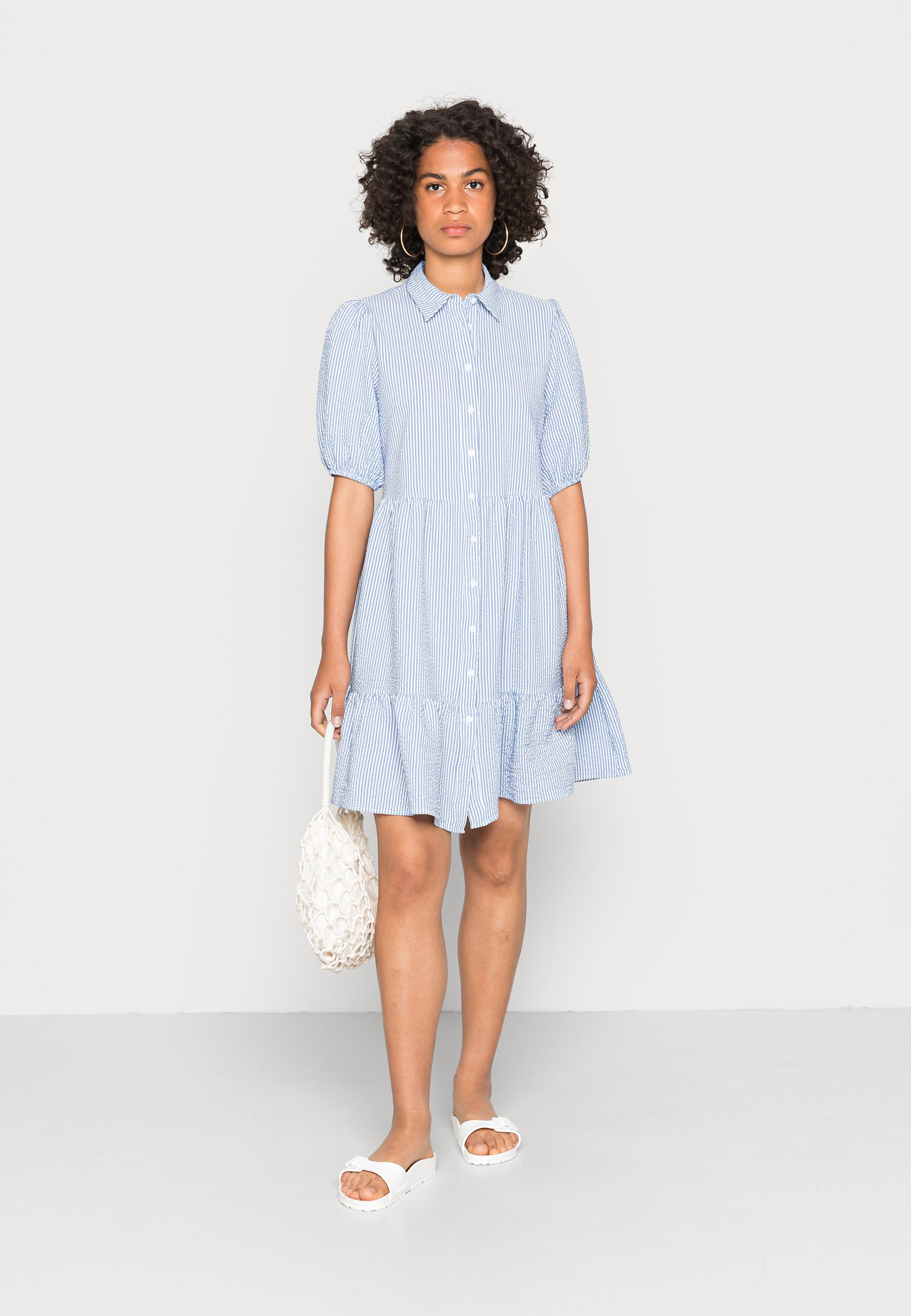 ONLY ONLCASSIE LAYERED BUTTON DRESS - Day dress - cloud dancer/medeum denim blue/white