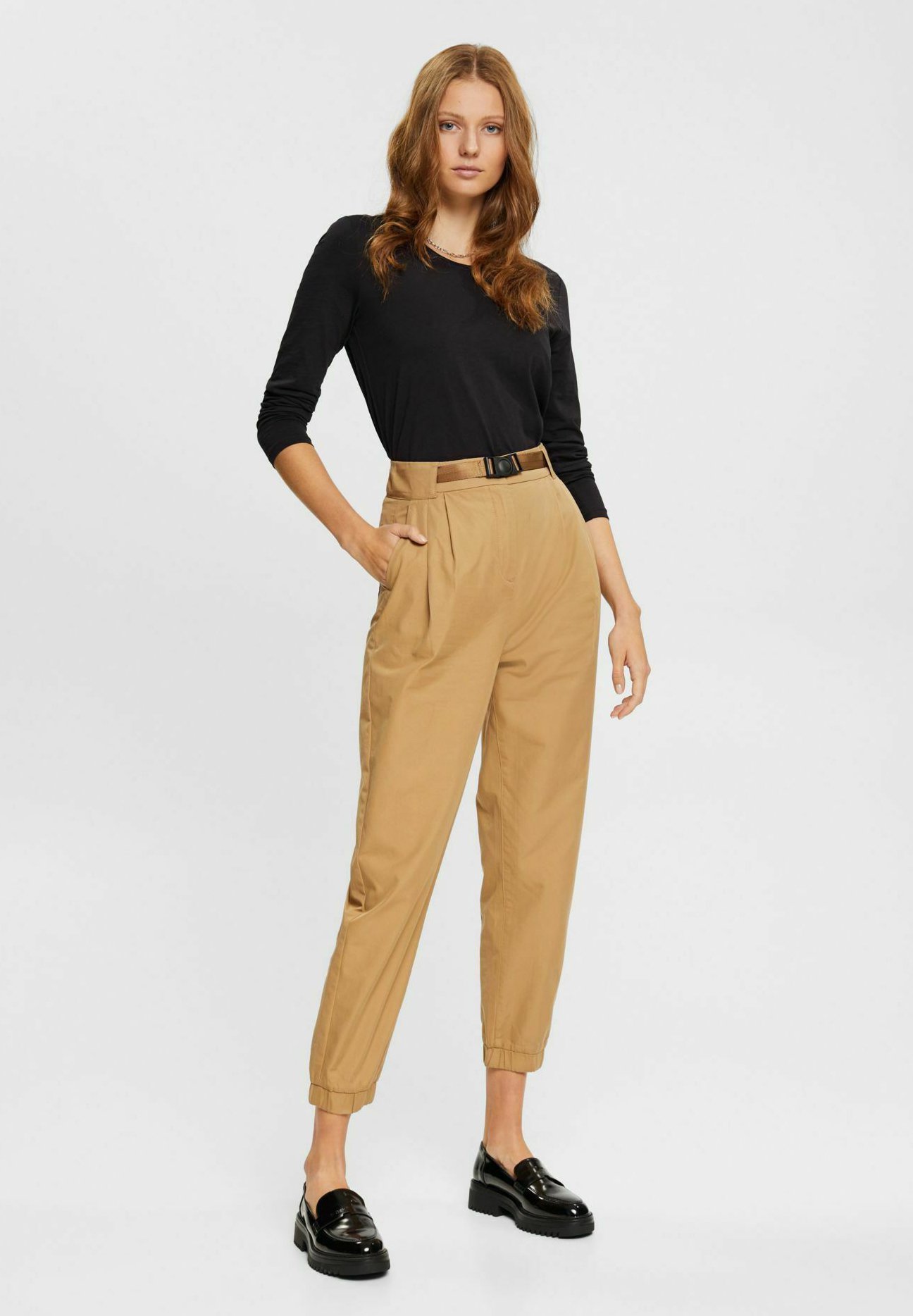 Esprit BALLOON MIT SAUM - Trousers - khaki beige/beige