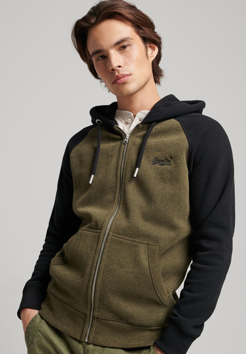 Superdry VINTAGE LOGO EMBROIDERED BASEBALL  - Zip-up sweatshirt - olive marl/black/olive