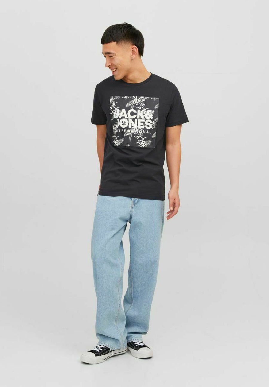 Jack &Jones LOKY  SS CREW NECK - Print T-shirt - black/mottled black