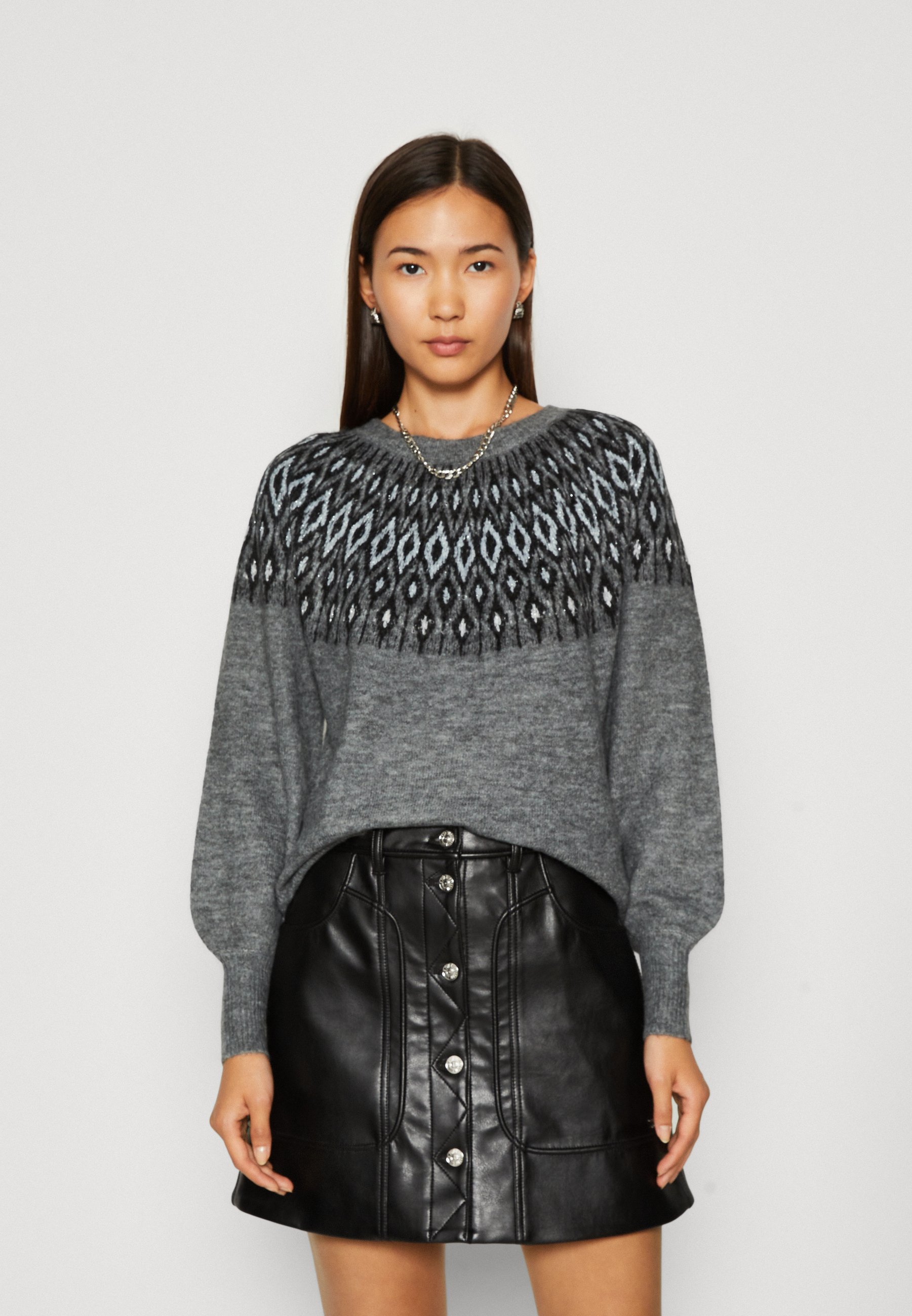 ONLY ONLALINA O NECK - Jumper - medium grey melange/black/silver/mottled grey
