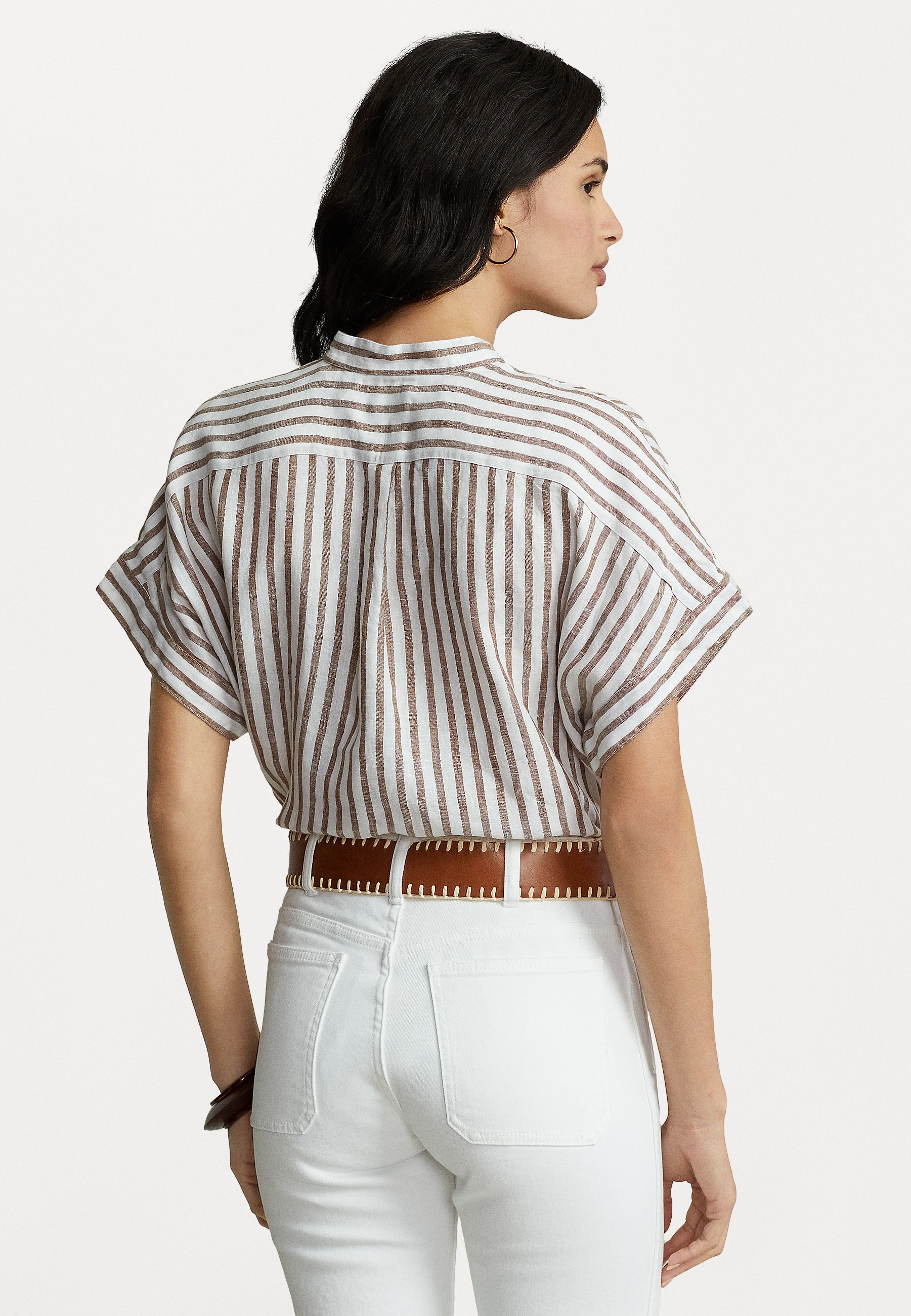 Polo Ralph Lauren ALEN SHORT SLEEVE BUTTON FRONT SHIRT - Button-down blouse - hunter brown/white/brown