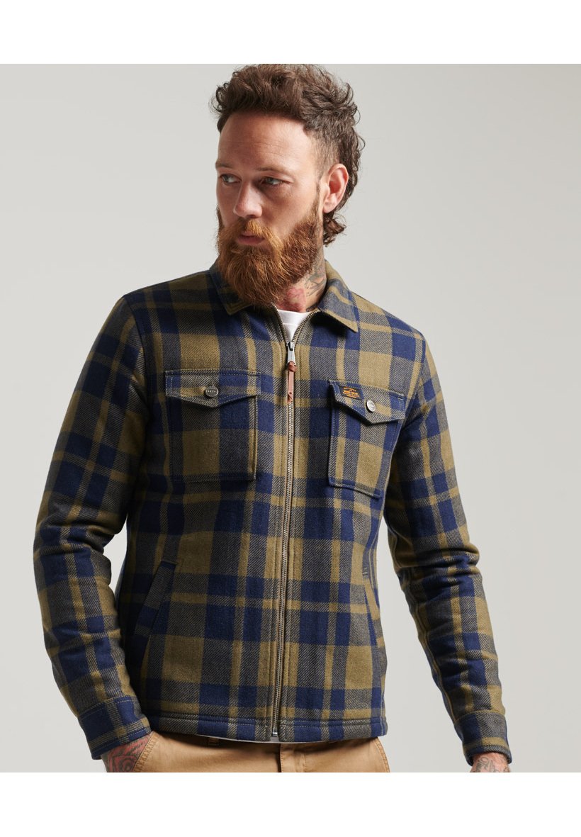 Superdry ZIP BORG - Summer jacket - check olive/green