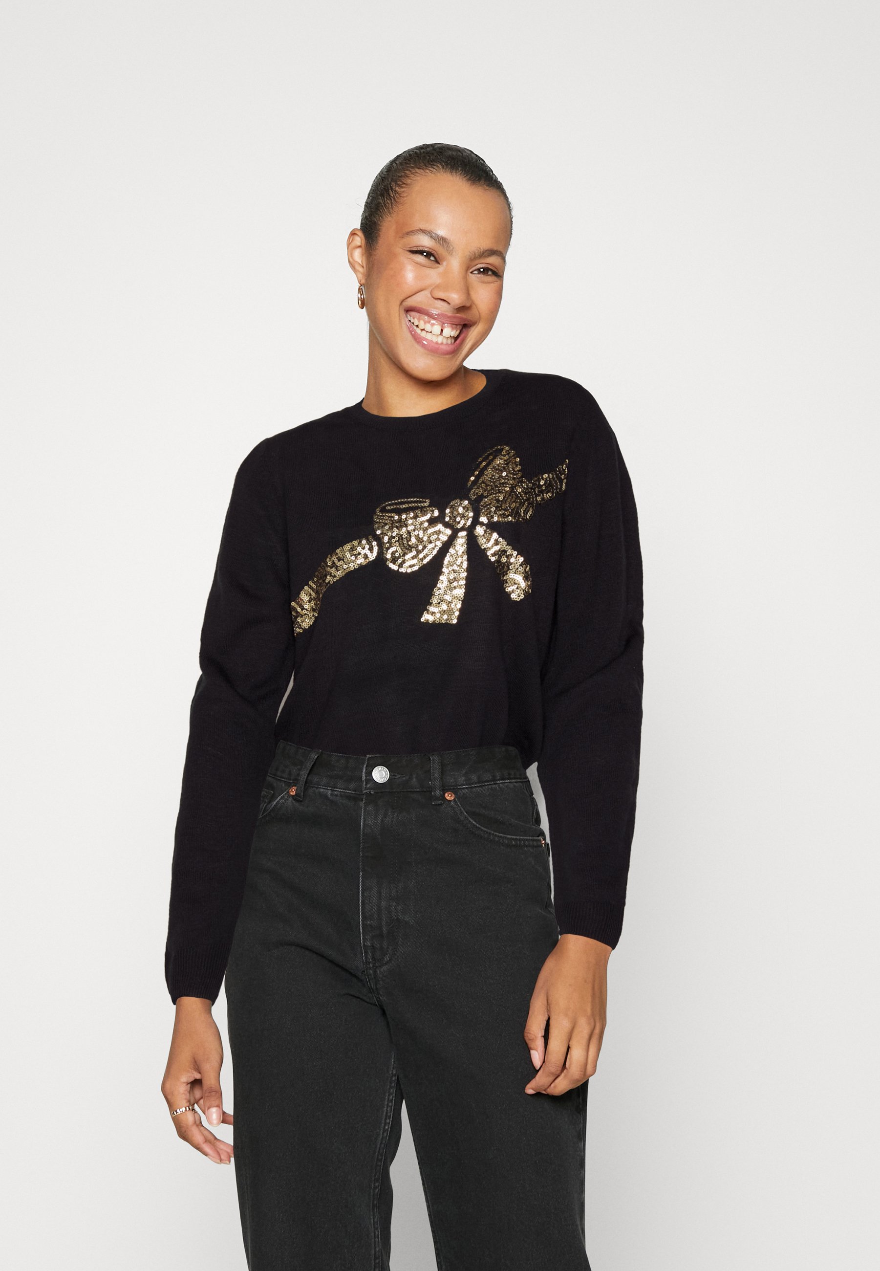 ONLY ONLXMAS SEQUINS BOW O NECK - Jumper - black/gold/black