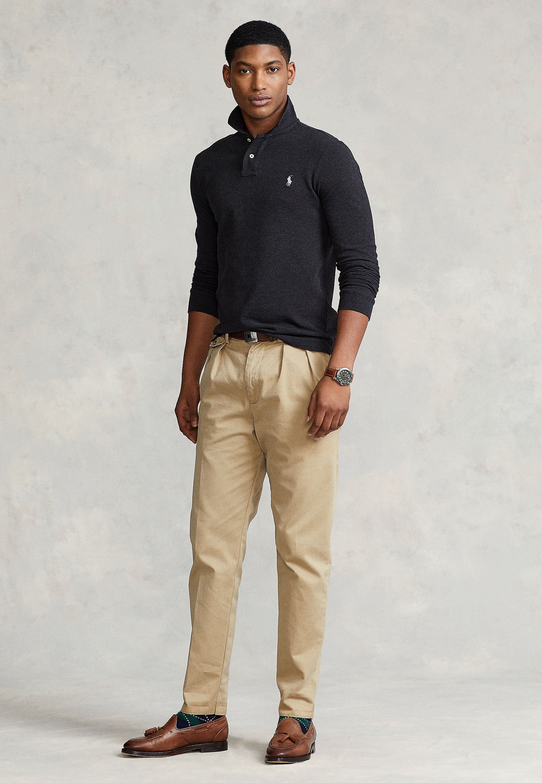 Polo Ralph Lauren SLIM LONG SLEEVE - Polo shirt - black marl heather/black