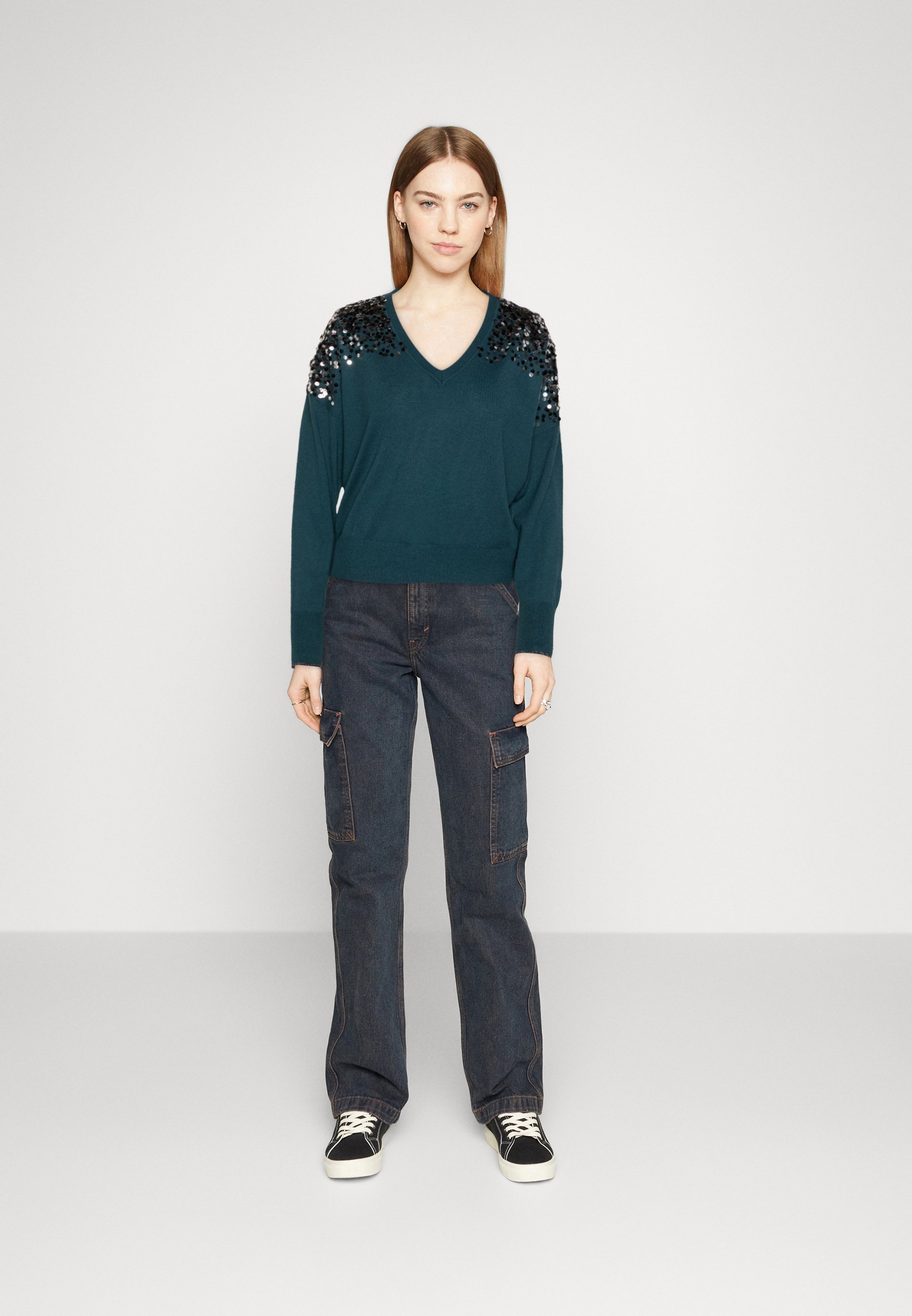 Scotch & Soda EMBELLISHED SHOULDER V NECK - Jumper - dark teal/anthracite