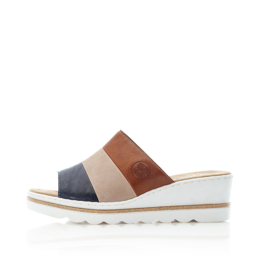 Rieker Damen Pantoletten braun-blau kombi