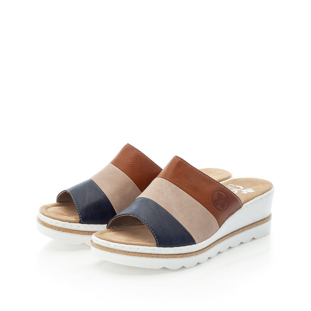 Rieker Damen Pantoletten braun-blau kombi