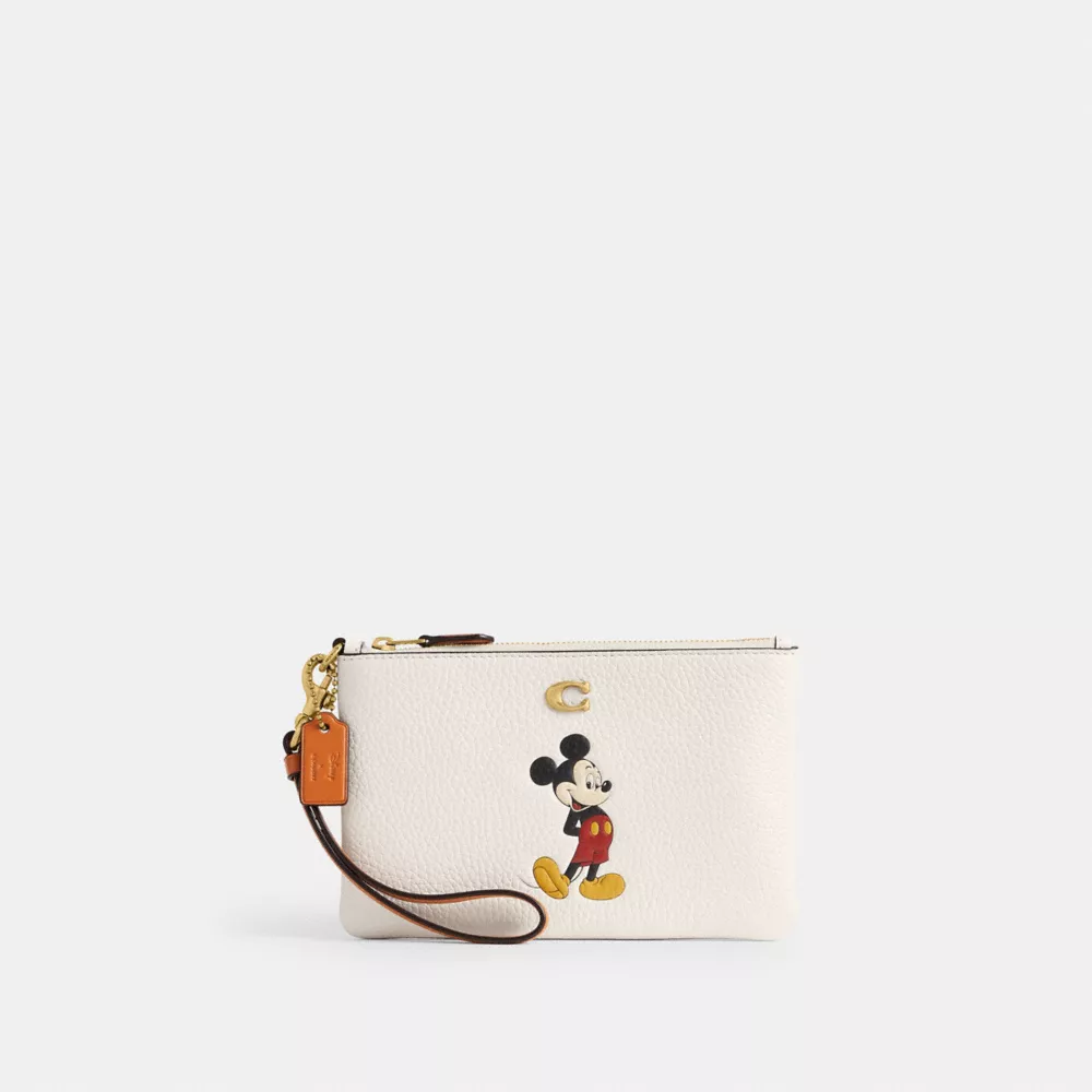 Disney X Coach Small Wristlet In Regenerative Leather With Mickey Mouse