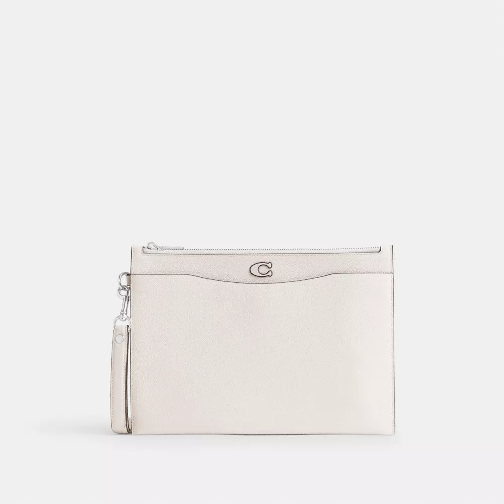 Pouch Wristlet In Crossgrain Leather With Signature Canvas Interior