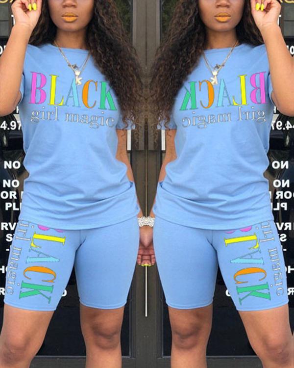Casual Letter Print Sporty Top & Short Set
