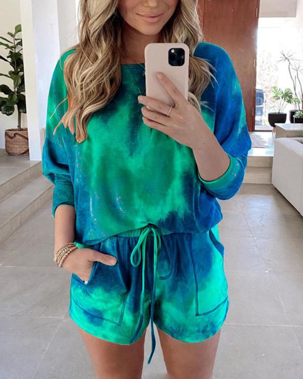 Tie Dye Long Sleeve Top And High Waist Shorts Women Loungewear