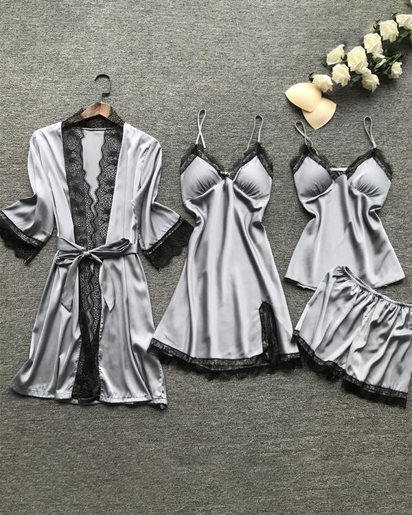 Satin Lace Trim 5PCS Sleepwear Sets