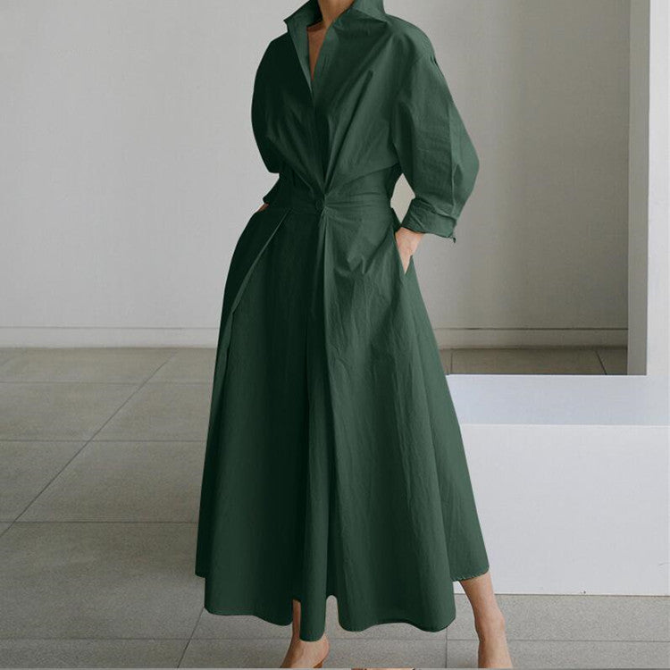 Women's Linen Solid Pocket Button Shirt Collar Elegant Loose Maxi Dress