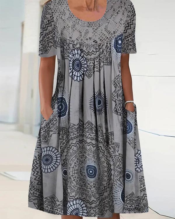 Elegant Round Neck Loose Ethnic Vintage Dress