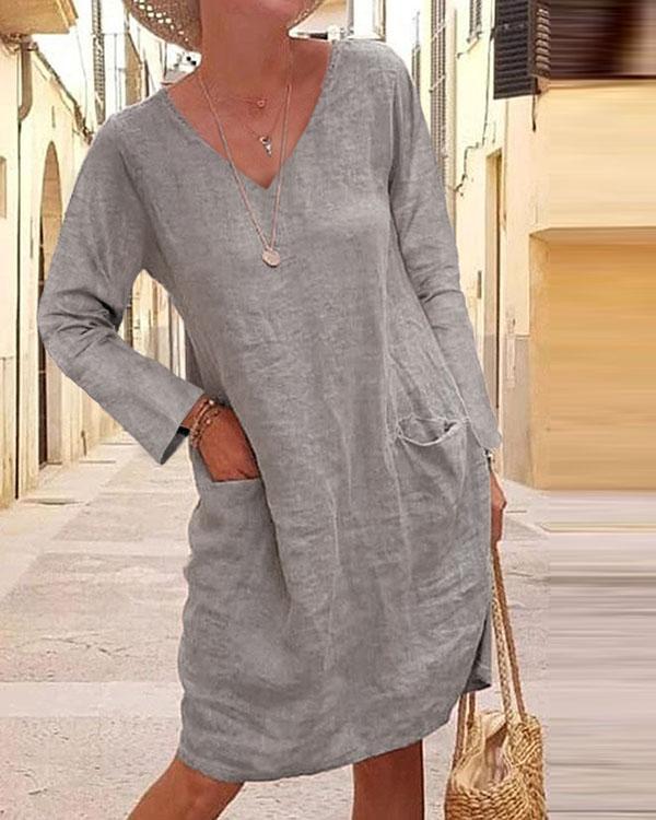 Casual Solid Tunic V-neckline Shift Dress