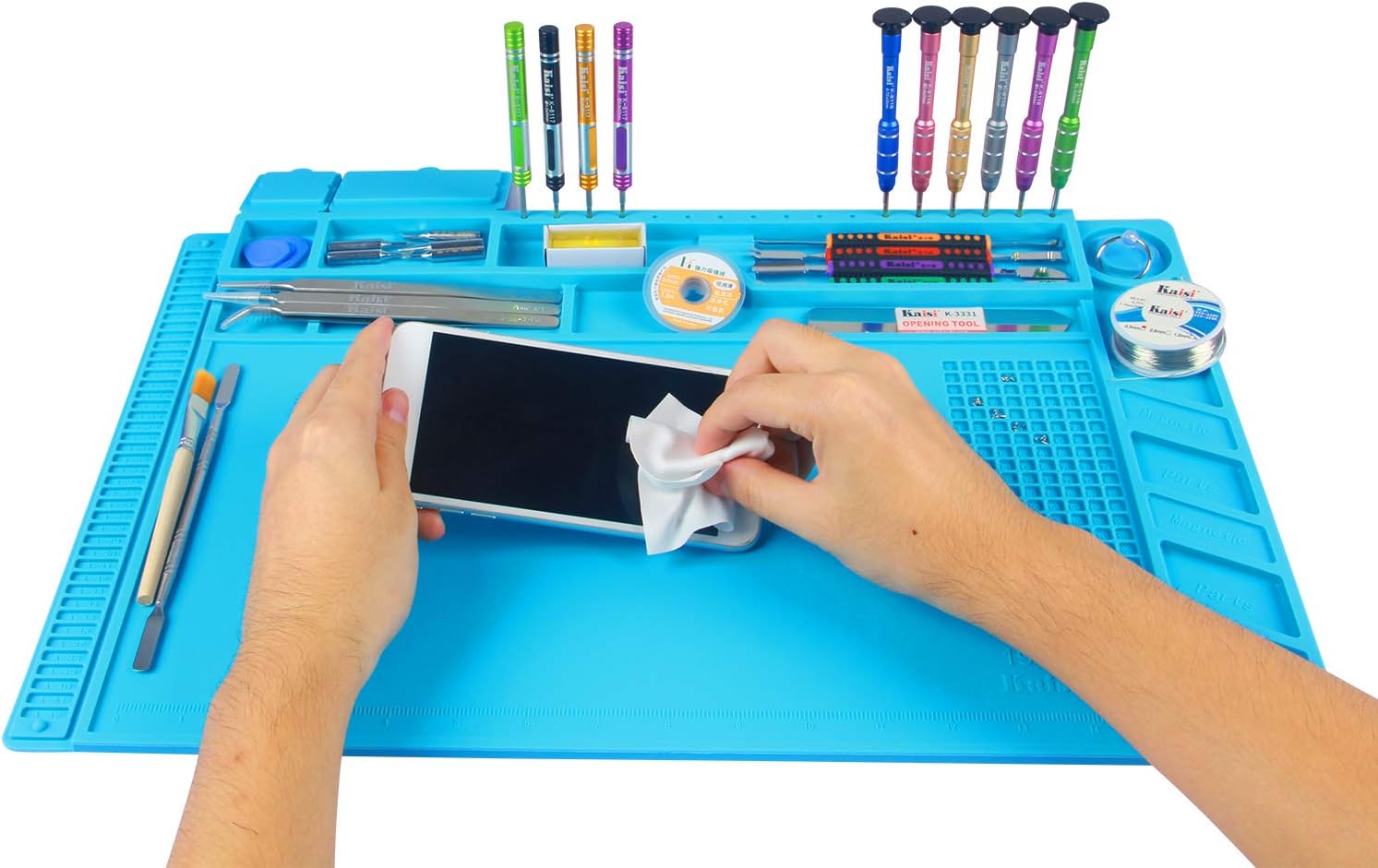 Kaisi Light blue Heat Insulation Silicone Repair Mat with Scale Ruler and Screw Position for Soldering Iron, Phone and Computer Repair Size : 19 x 13 in