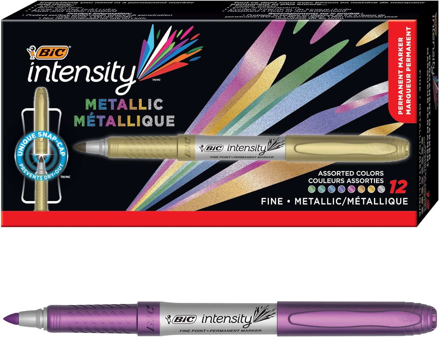 BIC Intensity Metallic Permanent Marker, Fine Point, Assorted Metallic Colors, Non-Slip Grip For Comfort & Control, 12-Count